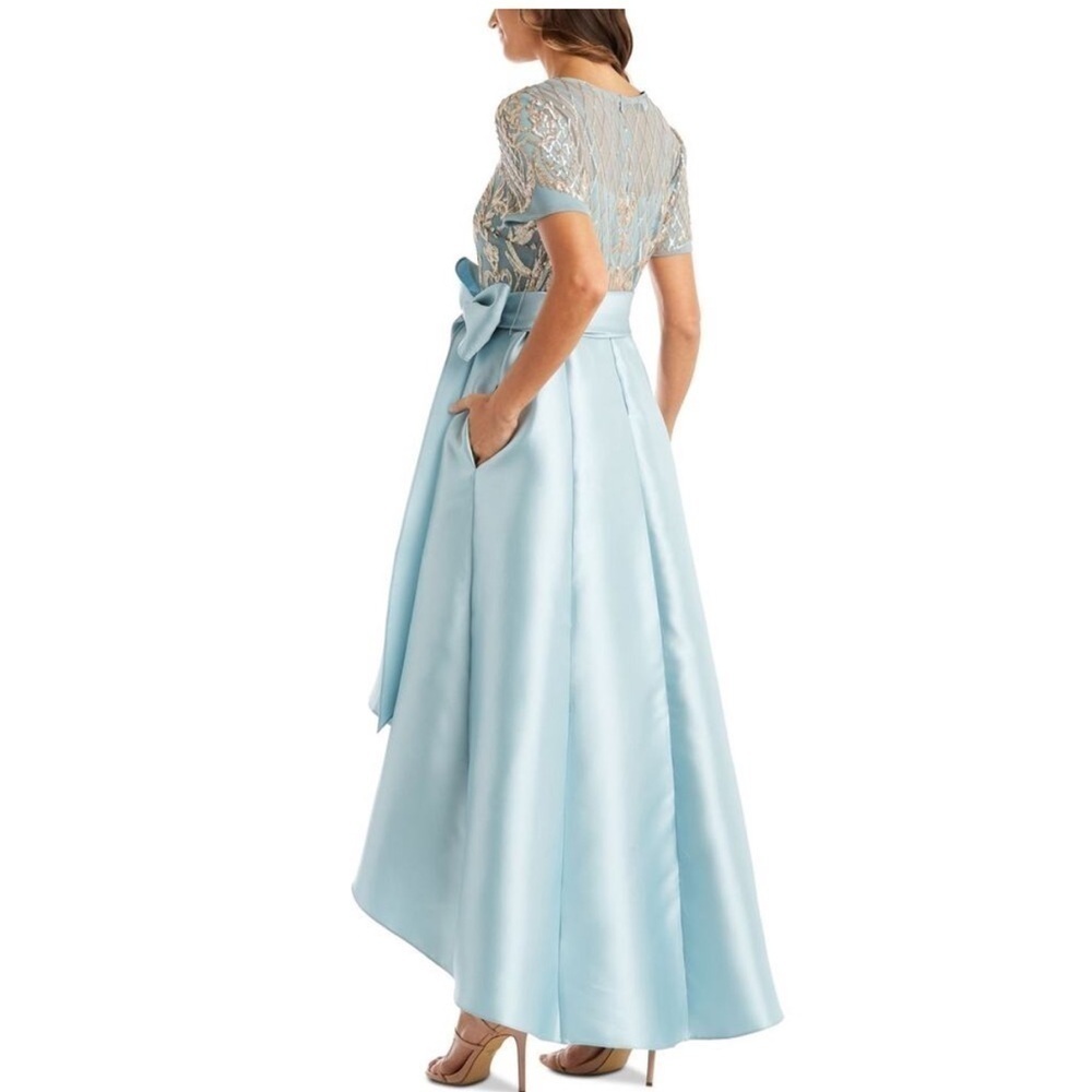 R & M Richard’s High-Low Satin Skirt, Bow at Waist, and Sequin Top Dress